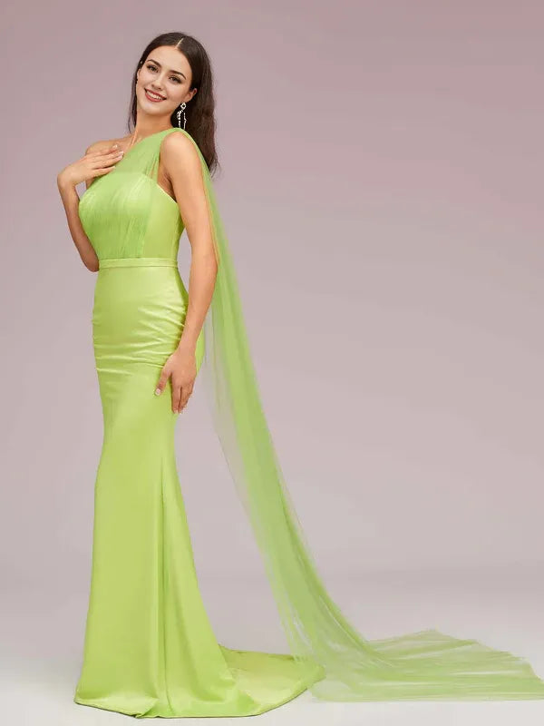 Robe Weitese unique sirène trompette une épaule longue douce satin formelle tulle robes de bal